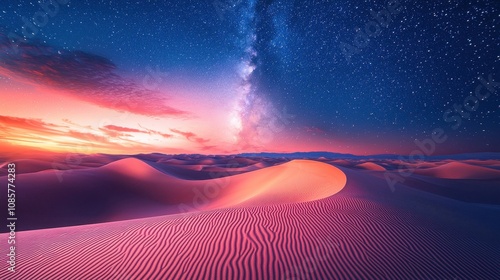 Fototapeta Naklejka Na Ścianę i Meble -  A tranquil desert glowing with gradient waves of light flowing across its vast dunes under a starry sky. The surreal illumination contrasts with the stillness and natural beauty of the environment. 