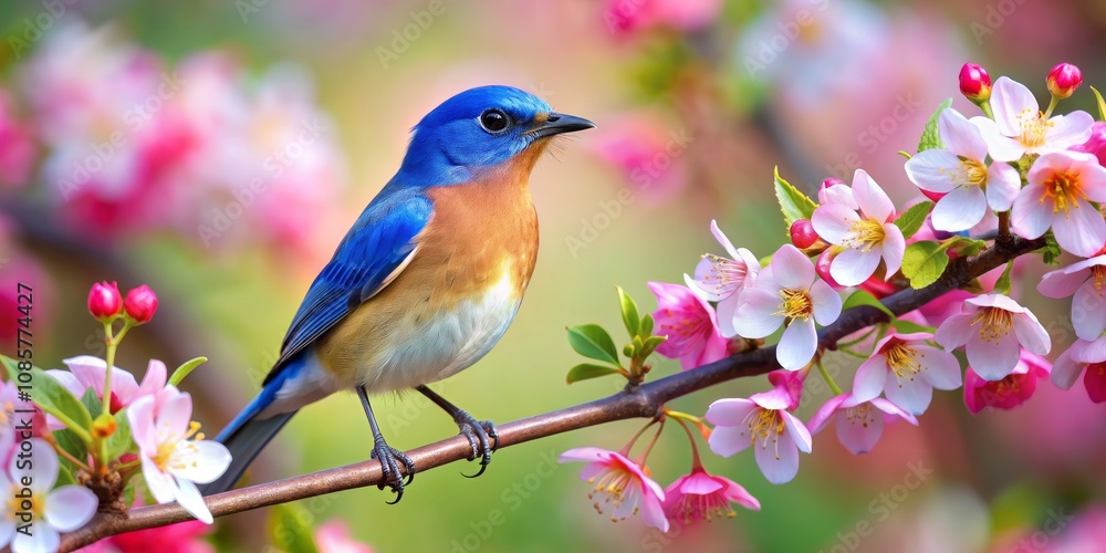 Eastern Bluebird Perched on Branch with Pink Blossoms, Nature, Spring, Birdwatching Eastern Bluebird Perched on Branch with Pink Blossoms, Nature, Spring, Birdwatching