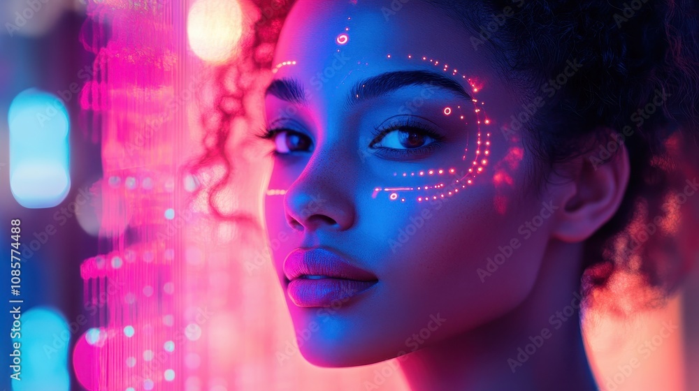 Futuristic facial recognition on woman with neon lights Generative AI image Futuristic facial recognition on woman with neon lights Generative AI image