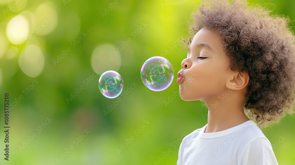 A joyful little African American boy skillfully blowing soap bubbles in a sunny park surrounded by lush greenery in a playful afternoon moment A joyful little African American boy skillfully blowing soap bubbles in a sunny park surrounded by lush greenery in a playful afternoon moment