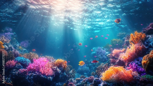 Wallpaper Mural A vibrant coral reef glowing with gradient waves of light streaming through the water. Schools of colorful fish dart through the surreal underwater world, creating a dynamic and enchanting scene.  Torontodigital.ca