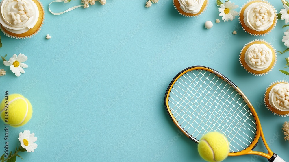 Tennis and sweet treats: cupcakes, balls, and racket on a blue background Tennis and sweet treats: cupcakes, balls, and racket on a blue background