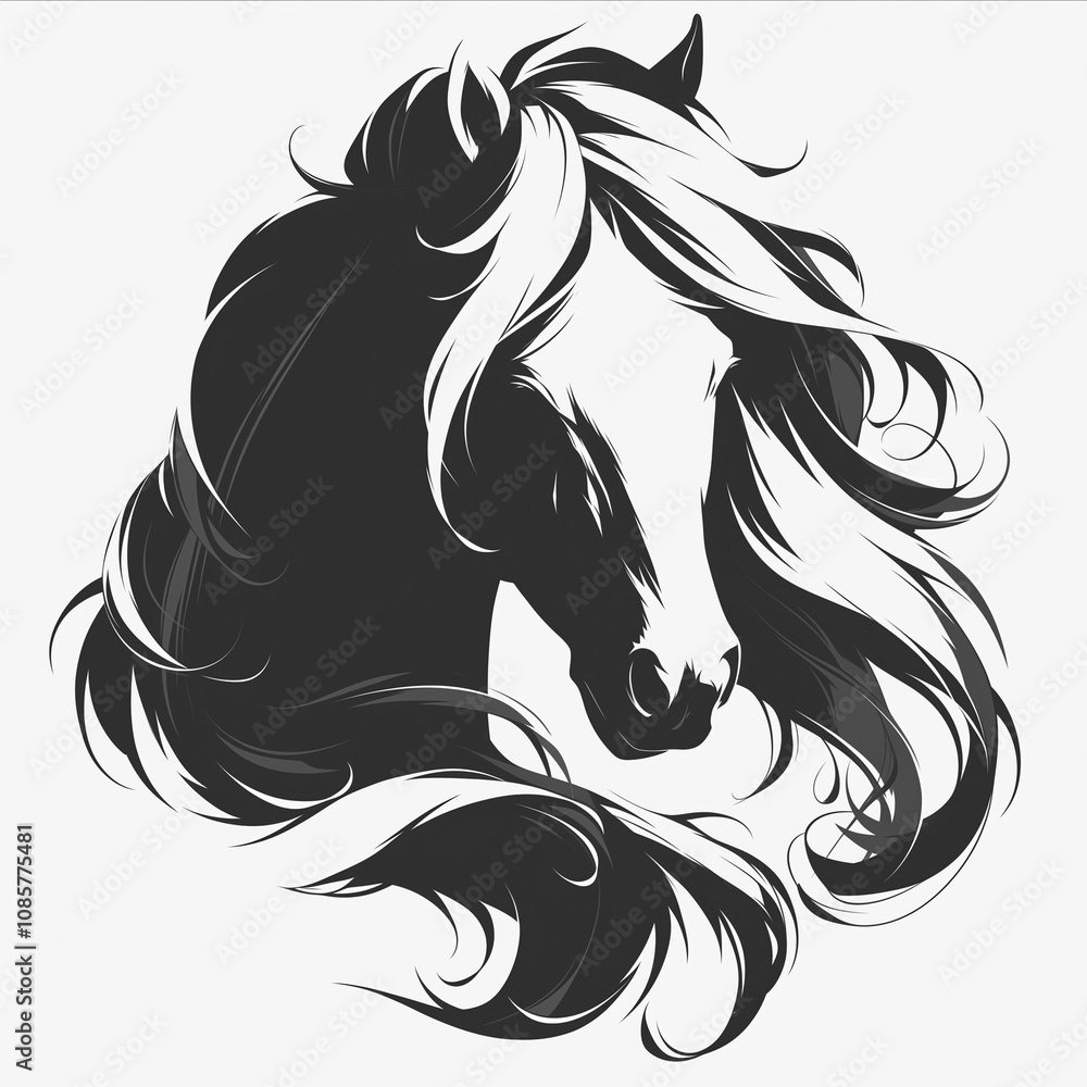 Horse concept illustration graphic poster banner. Horse badge for t-shirt design. Monochrome black and white colors. Digital raster bitmap illustration. AI artwork. Horse concept illustration graphic poster banner. Horse badge for t-shirt design. Monochrome black and white colors. Digital raster bitmap illustration. AI artwork.