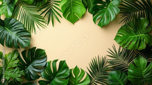 A collection of green tropical leaves arranged on a light background, creating a natural frame.