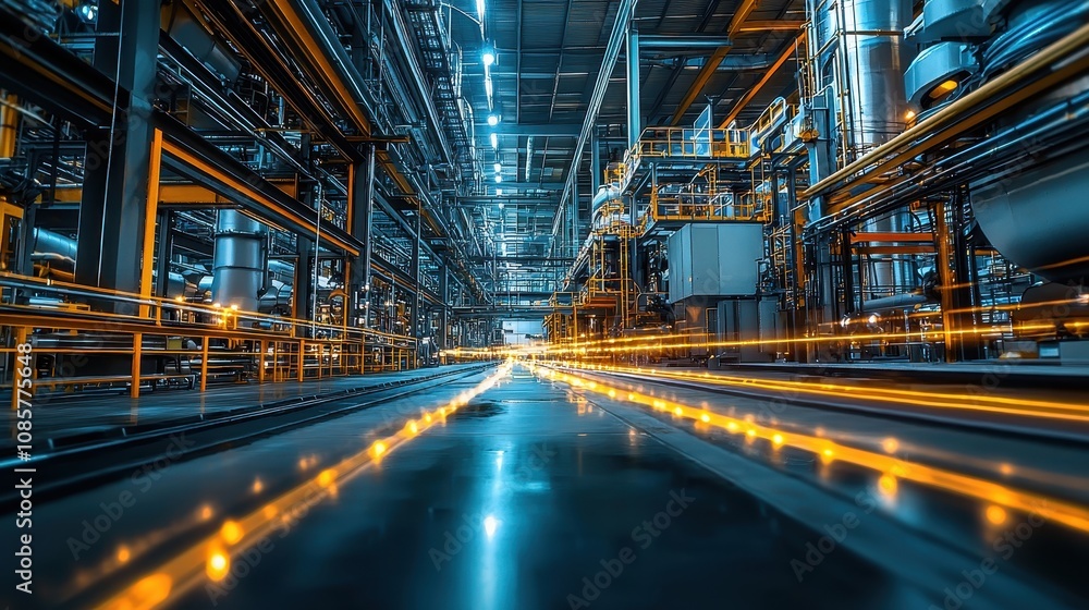 Abstract glowing ribbons of light flow through a high-tech industrial facility. The surreal energy highlights the advanced machinery and sleek architectural design. A powerful depiction of innovation Abstract glowing ribbons of light flow through a high-tech industrial facility. The surreal energy highlights the advanced machinery and sleek architectural design. A powerful depiction of innovation