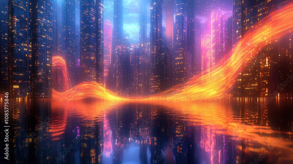 Abstract glowing waves ripple across a futuristic skyscraper reflecting vibrant colors onto the urban skyline. The dynamic energy enhances the city’s modern aesthetic. A captivating architectural Abstract glowing waves ripple across a futuristic skyscraper reflecting vibrant colors onto the urban skyline. The dynamic energy enhances the city’s modern aesthetic. A captivating architectural