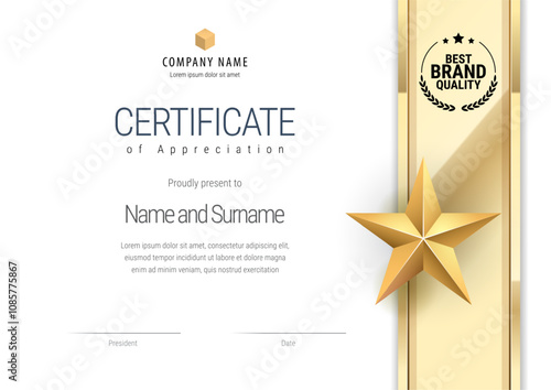 Award certificate with a gold star and a golden ribbon. Strict style. Modern design diploma template. Vector illustration.