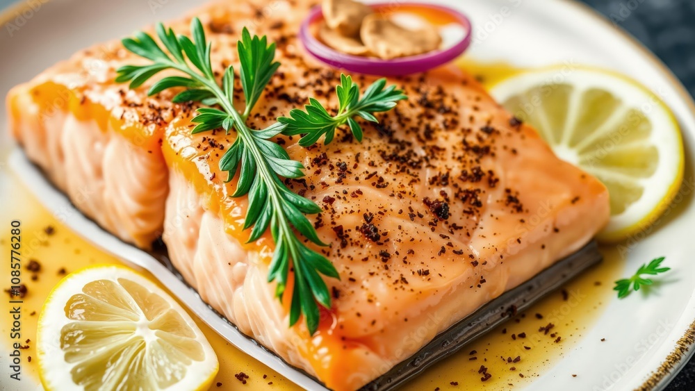 Freshly seasoned salmon fillet with lemon and herbs on a plate. Freshly seasoned salmon fillet with lemon and herbs on a plate.