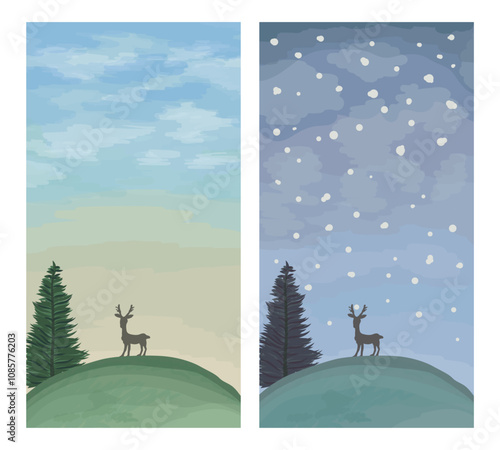 Summer and Winter Landscapes with Deer