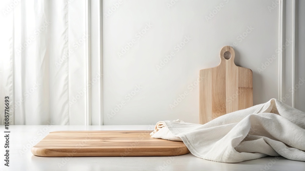 Minimalist Kitchen Still Life Wooden Cutting Board and Linen Cloth on White Counter Minimalist Kitchen Still Life Wooden Cutting Board and Linen Cloth on White Counter