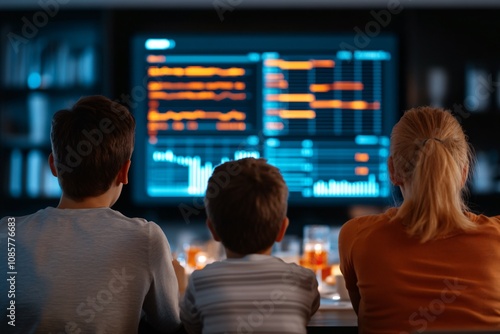  A family at a dining table with financial graphs projected around them, discussing economic uncertainty.