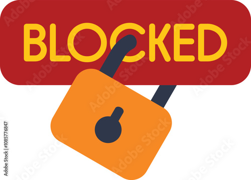 Simple icon of a padlock is blocking access to a red sign with the word blocked written on it