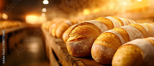 Freshly baked loaves of bread lined up in a warm, inviting bakery, showcasing golden crusts and soft interiors.