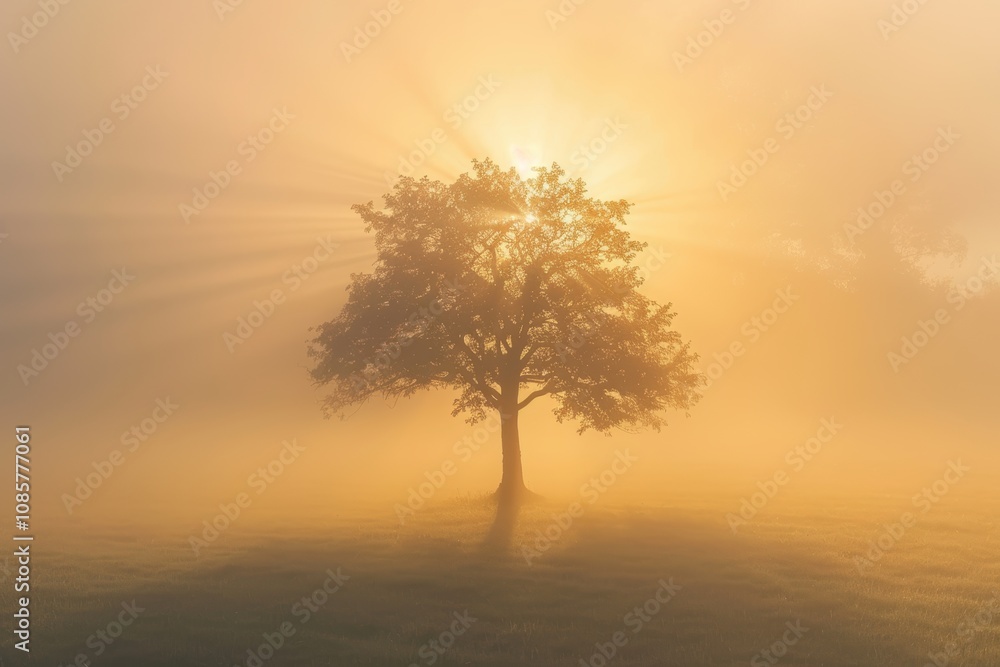 Solitary Tree in Foggy Dawn: Symbol of Strength and New Beginnings