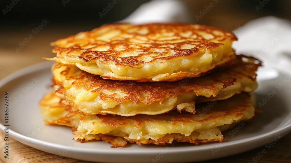 Stack of Golden Crispy Potato Pancakes Served on a Light Gray Plate with a Soft Focus Background Enhancing the Deliciousness and Texture of the Dish Stack of Golden Crispy Potato Pancakes Served on a Light Gray Plate with a Soft Focus Background Enhancing the Deliciousness and Texture of the Dish