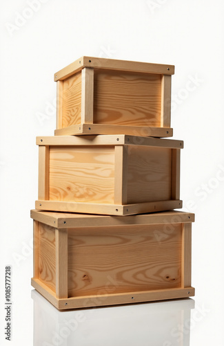 Three-dimensional image of a tower of wooden boxes on a white background.