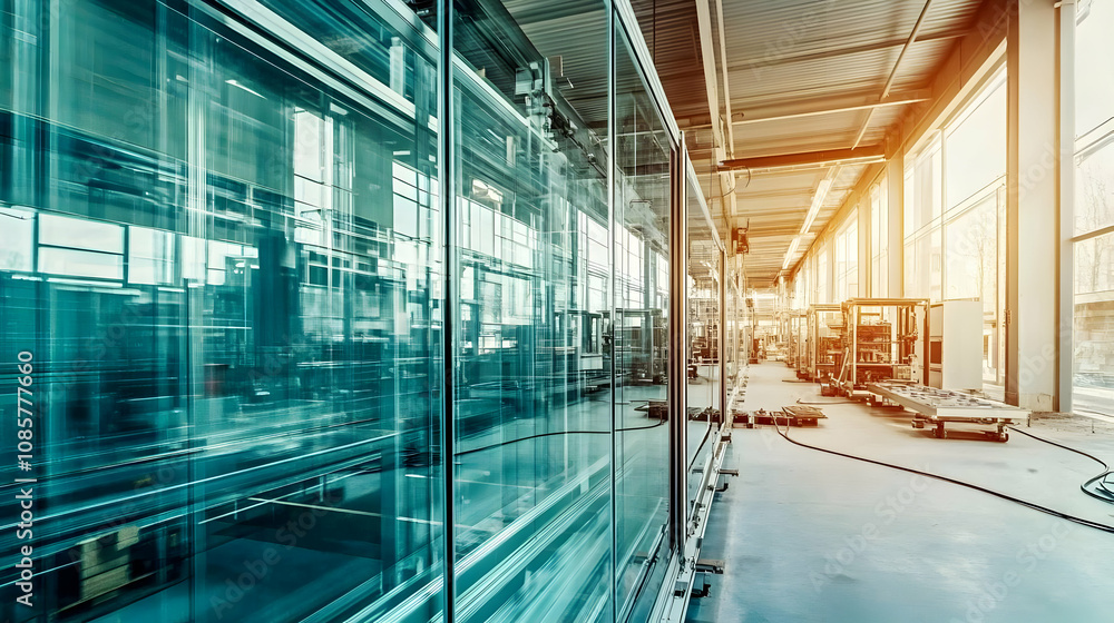 A modern factory interior filled with glass panels, showcasing advanced manufacturing processes under bright lighting. A modern factory interior filled with glass panels, showcasing advanced manufacturing processes under bright lighting.