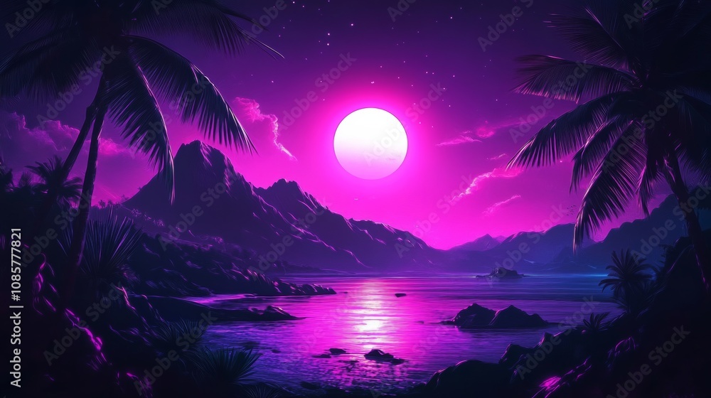 Tropical Sunset - Digital Painting of a Pink Moon Rising Over Silhouetted Palm Trees and Mountains in a Lush Landscape Tropical Sunset - Digital Painting of a Pink Moon Rising Over Silhouetted Palm Trees and Mountains in a Lush Landscape