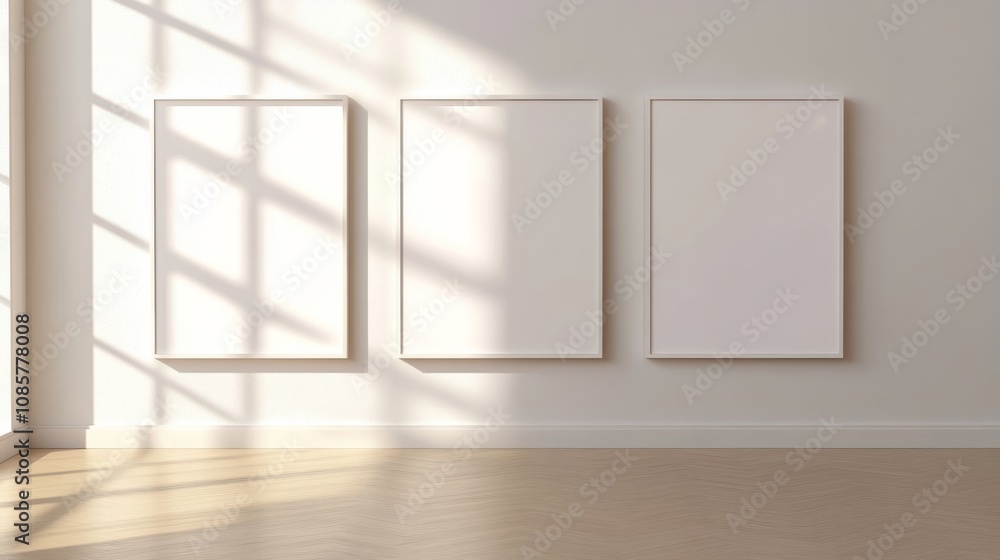 Fototapeta premium Sunlight Illuminates Three Empty Frames on a White Wall Above a Wooden Floor