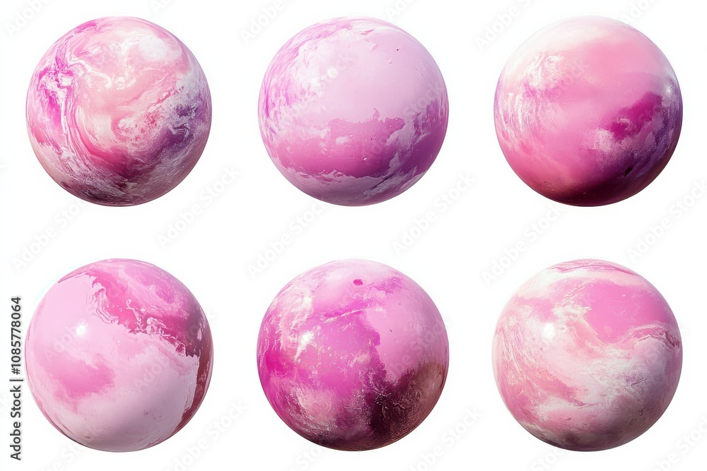 Six Pink Marble Planets, a 3D Render of Cosmic Abstract Spheres, on a White Background Six Pink Marble Planets, a 3D Render of Cosmic Abstract Spheres, on a White Background