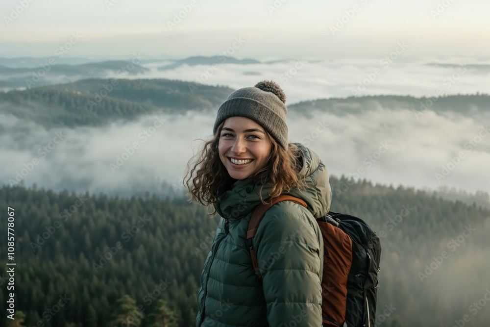 Smiling hiker with backpack in misty forest hills