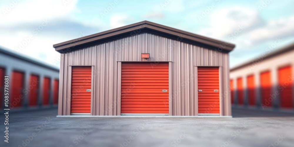 Self Storage Unit with Orange Doors and Cloudy Sky - 3D Rendering Self Storage Unit with Orange Doors and Cloudy Sky - 3D Rendering