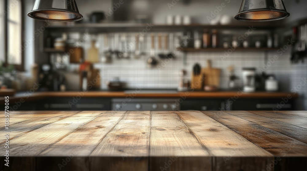 Rustic Kitchen Counter with Warm Lighting and Wooden Tabletop - A Place to Gather and Enjoy Rustic Kitchen Counter with Warm Lighting and Wooden Tabletop - A Place to Gather and Enjoy
