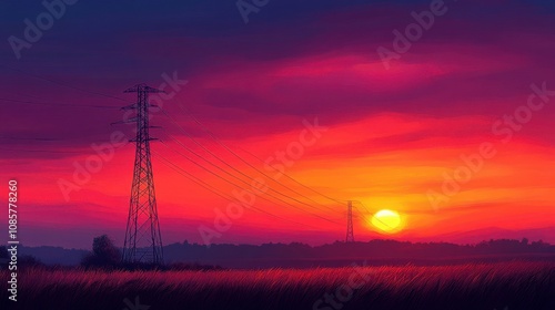 Majestic Sunset Landscape with Silhouetted Power Lines Against a Vivid Sky and Tranquil Horizon in a Serene Natural Setting