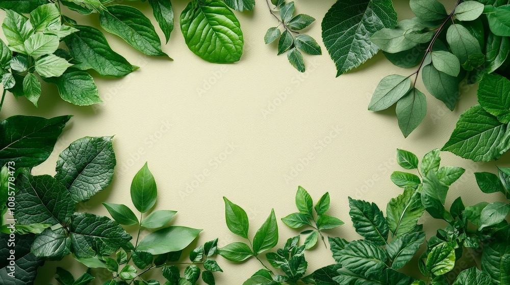 A collection of various green leaves arranged around a light background. A collection of various green leaves arranged around a light background.