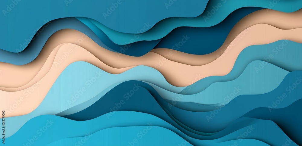 Abstract Layered Paper Waves in Blue and Beige Tones - A 3D Digital Illustration Abstract Layered Paper Waves in Blue and Beige Tones - A 3D Digital Illustration