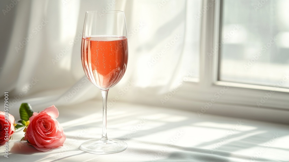 Glass Of Rose Wine And Roses By Window On White Tablecloth With Bright Shadows, Romantic Setting. Glass Of Rose Wine And Roses By Window On White Tablecloth With Bright Shadows, Romantic Setting.