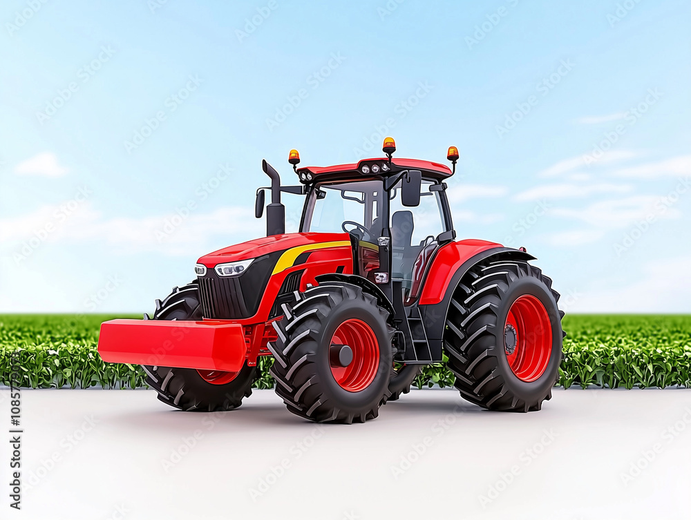 Agricultural Tractor with Field and Blue Sky, Isolated on White Background Agricultural Tractor with Field and Blue Sky, Isolated on White Background