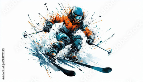 Wallpaper Mural watercolor drawing of a skier in an orange jacket, blue trousers and a blue helmet with goggles Torontodigital.ca