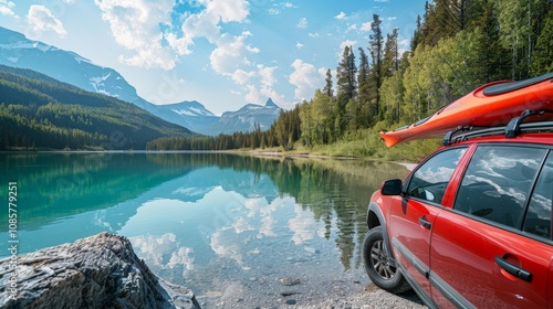 Car with a kayak mounted on the roof, parked by a remote mountain lake photo