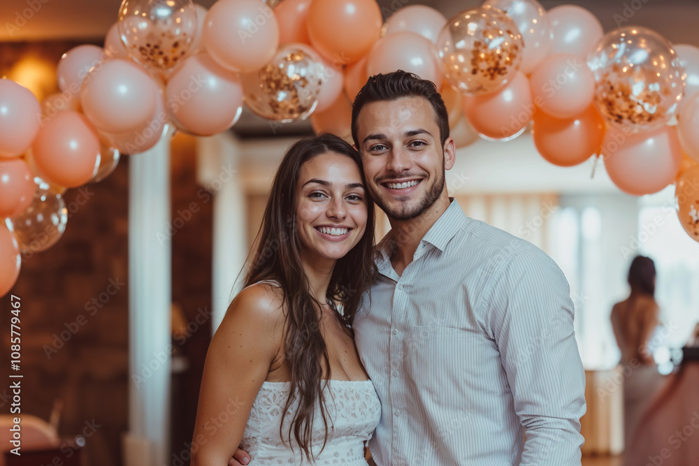 Smiling couple under pastel balloon arch at celebration Smiling couple under pastel balloon arch at celebration