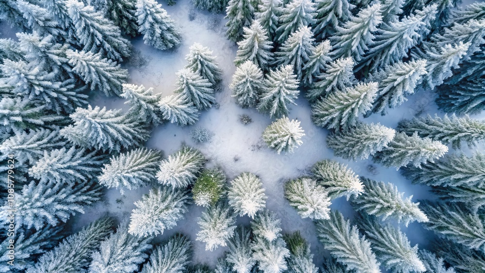 Aerial View of a Snow-Covered Evergreen Forest in Winter Aerial View of a Snow-Covered Evergreen Forest in Winter