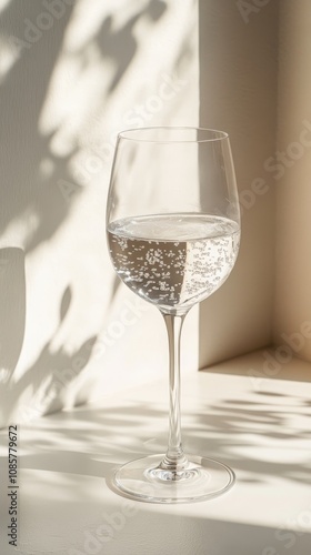 Glass of refreshing water on white background in sunlight, natural light, shadows, summer drinks