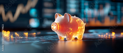 A glowing piggy bank symbolizing financial growth and savings against a backdrop of digital financial charts. photo