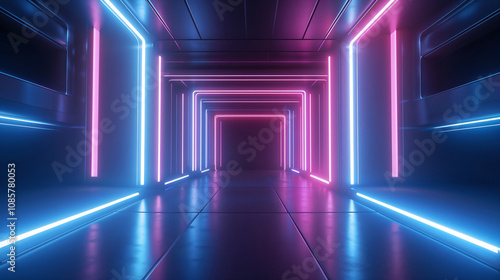 Futuristic neon hallway with pink and blue lights