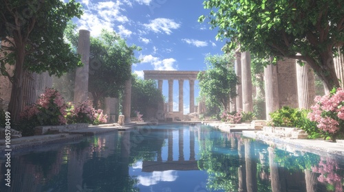 Tranquil Ancient Roman Bath Ruins Surrounded by Lush Nature, 3D Render with Dramatic Light and Reflective Water.