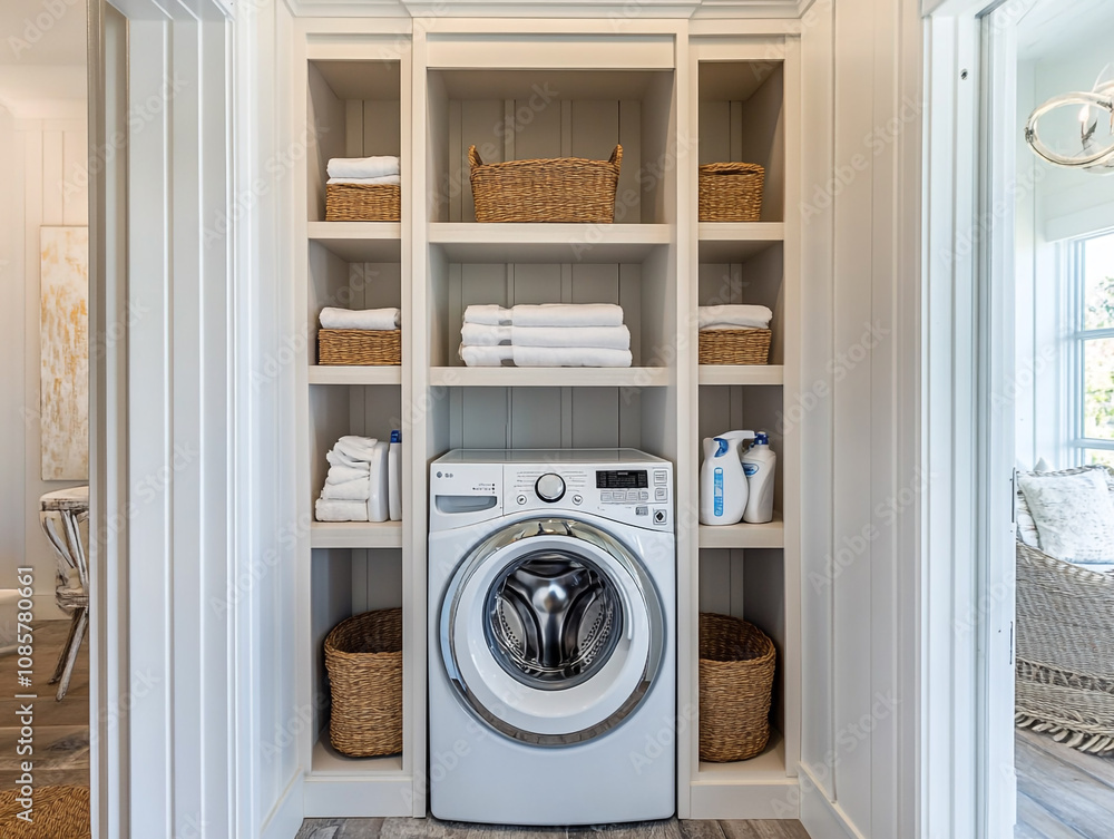 Simple laundry nook with stacked washer-dryer, built-in shelves. Simple laundry nook with stacked washer-dryer, built-in shelves.