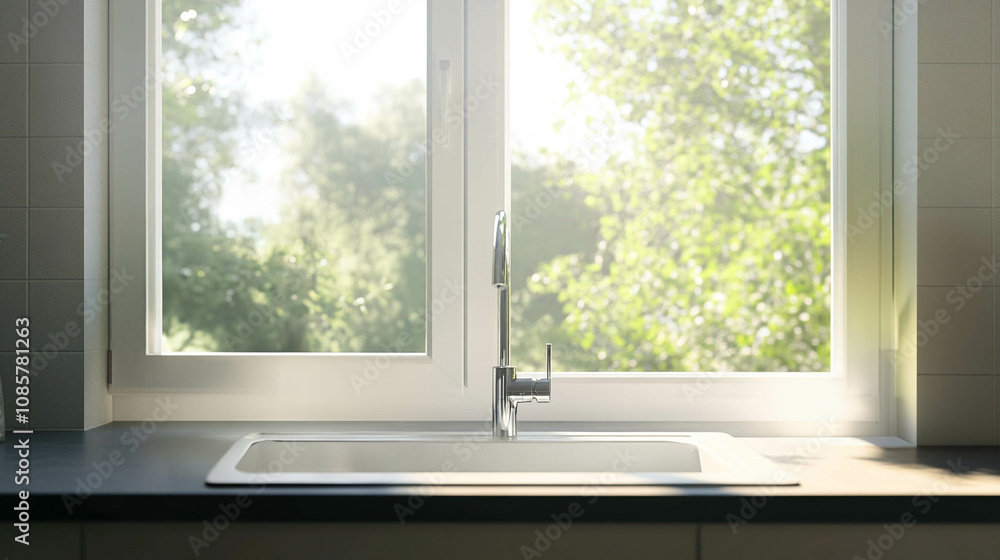 A kitchen sink close-up in front of a bright window A kitchen sink close-up in front of a bright window