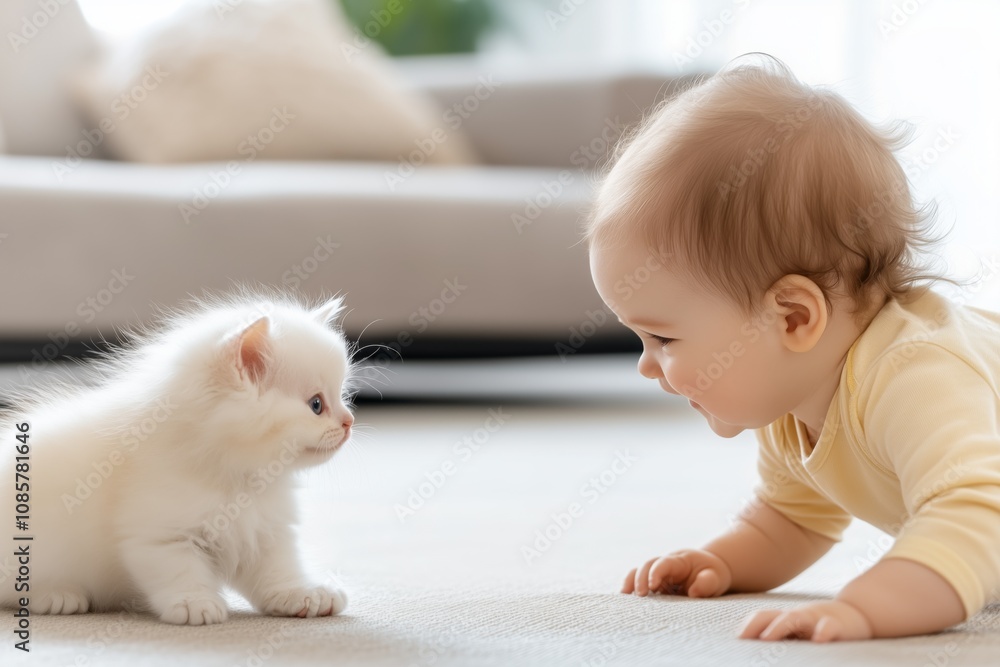 Baby reaching out to playful kitten in a modern and cozy living room setting Baby reaching out to playful kitten in a modern and cozy living room setting