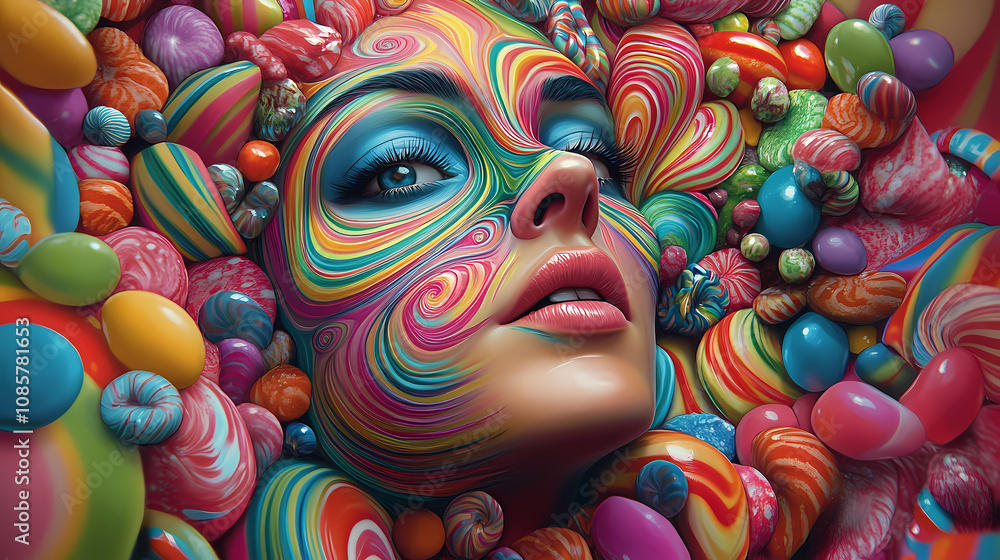 A woman with a vibrant, colorful design on her face, surrounded by a whirl of candy-colored swirls and shapes, set against a backdrop of multicolored candy. Whirl. Illustration A woman with a vibrant, colorful design on her face, surrounded by a whirl of candy-colored swirls and shapes, set against a backdrop of multicolored candy. Whirl. Illustration