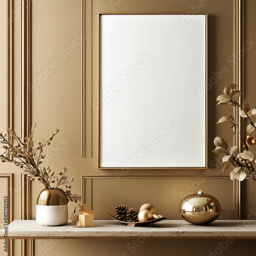 Christmas decorated Elegant golden frame, empty white Mockup canvas wall, Blank Mock-up Frame Canvas, modern golden christmas celebration interior, art presentation, Picture frame on a wall