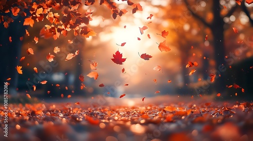 Autumn background with beautiful colorful leaves falling, Sunset time falling colorful leaves