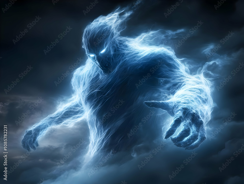 A mystical entity made of energy depicted in a dark, stormy atmosphere, representing the essence of the supernatural. A mystical entity made of energy depicted in a dark, stormy atmosphere, representing the essence of the supernatural.