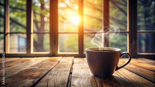 Aromatic Steam Rising from a Warm Mug of Coffee on Rustic Wooden Table by Sunlit Window