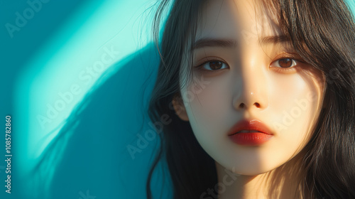 Close-up portrait of a Korean woman with dark hair in soft blue lighting. The shadow plays across her face, emphasizing her natural beauty and expressive eyes.