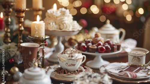 Elegant Holiday Dinner Setting with Hot Chocolate, Fine China, and Festive Decorations